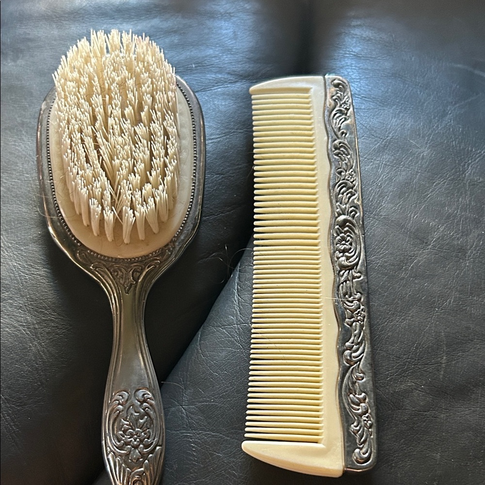Ivory and Silver Decorative Hair Brush & Comb Set